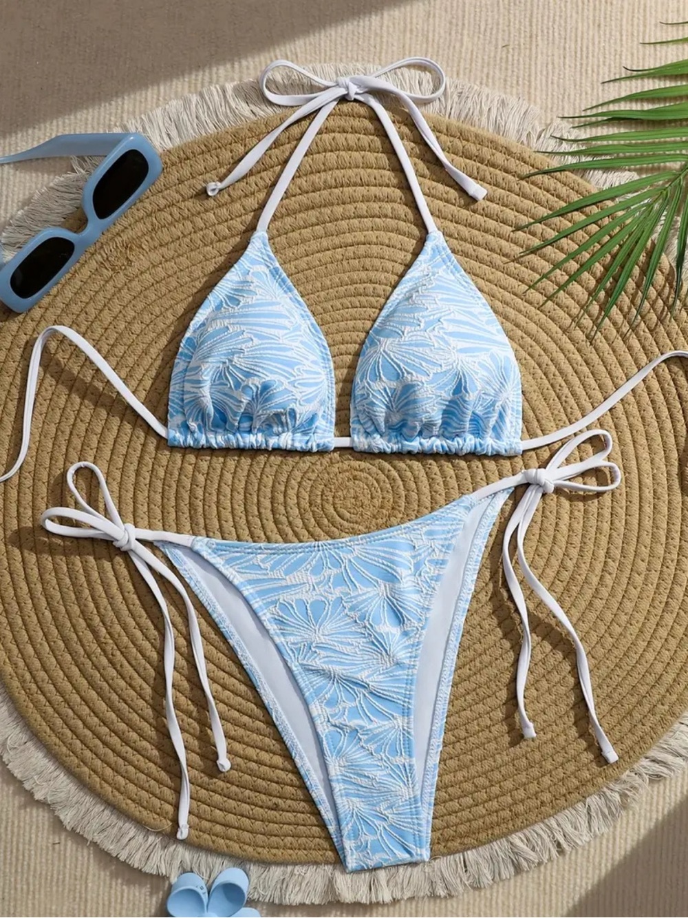NEW Women’s Light Blue Floral Embroidered Triangle Bikini Set Size L